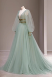 Niulatu line V Neckline Floor Length Tulle Mint Green Long Prom Dresses HZ1110