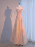Niulatu line Spaghetti Straps Floor Length Pink Long Prom Dresses HZ1110
