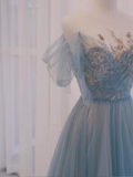 Niulatu line Straplesss Floor Length Tulle Blue Long Prom Dresses HZ1110