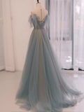 Niulatu line Straplesss Floor Length Tulle Blue Long Prom Dresses HZ1110
