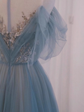 Niulatu line Straplesss Floor Length Tulle Blue Long Prom Dresses HZ1110