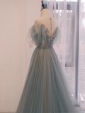 Niulatu line Straplesss Floor Length Tulle Blue Long Prom Dresses HZ1110