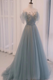 Niulatu line Straplesss Floor Length Tulle Blue Long Prom Dresses HZ1110