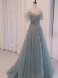 Niulatu line Straplesss Floor Length Tulle Blue Long Prom Dresses HZ1110