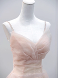 Niulatu A line Straps Floor Length Tulle Pink Long Prom Dresses HZ1110