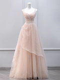 Niulatu A line Straps Floor Length Tulle Pink Long Prom Dresses HZ1110