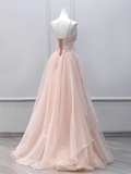 Niulatu A line Straps Floor Length Tulle Pink Long Prom Dresses HZ1110