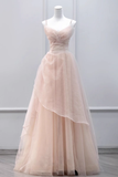 Niulatu A line Straps Floor Length Tulle Pink Long Prom Dresses HZ1110