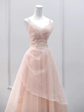 Niulatu A line Straps Floor Length Tulle Pink Long Prom Dresses HZ1110