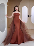 Niulatu Mermaid Strapless Brown Floor Length Tulle Prom Dress HZ1110