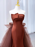 Niulatu Mermaid Strapless Brown Floor Length Tulle Prom Dress HZ1110