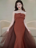 Niulatu Mermaid Strapless Brown Floor Length Tulle Prom Dress HZ1110