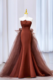 Niulatu Mermaid Strapless Brown Floor Length Tulle Prom Dress HZ1110