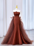 Niulatu Mermaid Strapless Brown Floor Length Tulle Prom Dress HZ1110