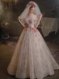 Niulatu A line Off The Shoulder Tulle Floral Wedding Dresses HZ1110
