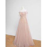 Niulatu A line Off The Shoulder Pink Tulle Prom Dress HZ1110