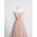 Niulatu A line Off The Shoulder Pink Tulle Prom Dress HZ1110