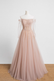 Niulatu A line Off The Shoulder Pink Tulle Prom Dress HZ1110