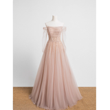Niulatu A line Off The Shoulder Pink Tulle Prom Dress HZ1110