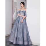 Niulatu A line Off The Shoulder Blue Tulle Prom Dress HZ1110