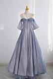 Niulatu A line Off The Shoulder Blue Tulle Prom Dress HZ1110