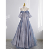 Niulatu A line Off The Shoulder Blue Tulle Prom Dress HZ1110