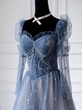 Niulatu A line Long Sleeves Blue Tulle Prom Dress HZ1110