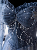 Niulatu A line Long Sleeves Blue Tulle Prom Dress HZ1110