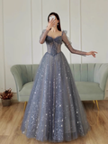 Niulatu A line Long Sleeves Blue Tulle Prom Dress HZ1110