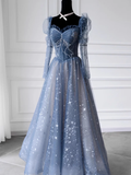 Niulatu A line Long Sleeves Blue Tulle Prom Dress HZ1110
