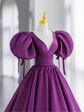 Niulatu Gown Short Sleeves Grape Satin Long Prom Dresses HZ1110