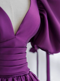 Niulatu Gown Short Sleeves Grape Satin Long Prom Dresses HZ1110