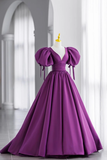 Niulatu Gown Short Sleeves Grape Satin Long Prom Dresses HZ1110
