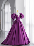 Niulatu Gown Short Sleeves Grape Satin Long Prom Dresses HZ1110