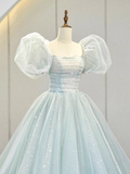 Niulatu Gown Short Sleeves Tulle Light Sky Blue Long Prom Dresses HZ1110