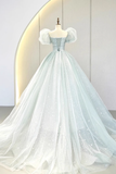 Niulatu Gown Short Sleeves Tulle Light Sky Blue Long Prom Dresses HZ1110