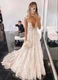 Niulatu v neck tulle applique long prom dress HZ0113