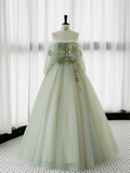 Niulatu Gown Short Sleeves Tulle Green Long Prom Dresses HZ1110