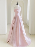 Niulatu Satin Tulle Pink Long Prom Dress With Pearls HZ1110