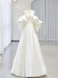 Niulatu Sweetheart Neck Satin White Long Wedding Dresses HZ1110