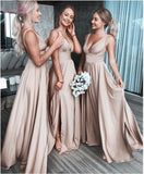 Niulatu Champagne Satin V Neck Long Prom Dress, Party Dress HZ0113