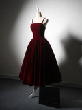 Niulatu A-Line Velvet Tea Length Burgundy Prom Dress HZ1110