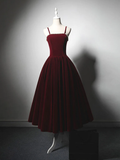 Niulatu A-Line Velvet Tea Length Burgundy Prom Dress HZ1110