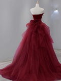 Niulatu Mermaid Tulle Velvet Burgundy Long Prom Dress HZ1110