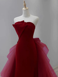 Niulatu Mermaid Tulle Velvet Burgundy Long Prom Dress HZ1110