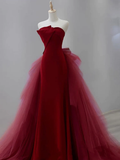 Niulatu Mermaid Tulle Velvet Burgundy Long Prom Dress HZ1110