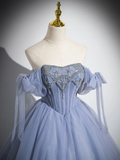 Niulatu Ball Gown Blue A-Line Tulle Beads Long Sweet 16 Dresses HZ1110