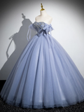 Niulatu Ball Gown Blue A-Line Tulle Beads Long Sweet 16 Dresses HZ1110