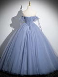Niulatu Ball Gown Blue A-Line Tulle Beads Long Sweet 16 Dresses HZ1110