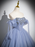 Niulatu Ball Gown Blue A-Line Tulle Beads Long Sweet 16 Dresses HZ1110
